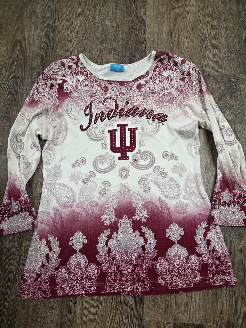 P. Michael Indiana University Hoosiers Blouse Top Shirt Bling Small 3/4 Sleeve S